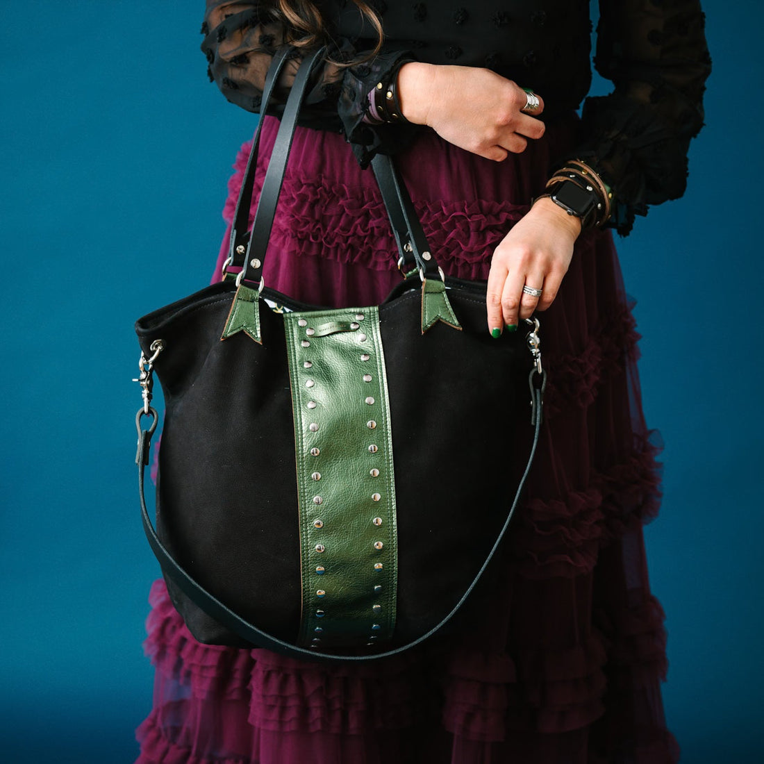 Midnight in Paris Collection | Lexington Shoulder Tote | Noir Suede + Emerald