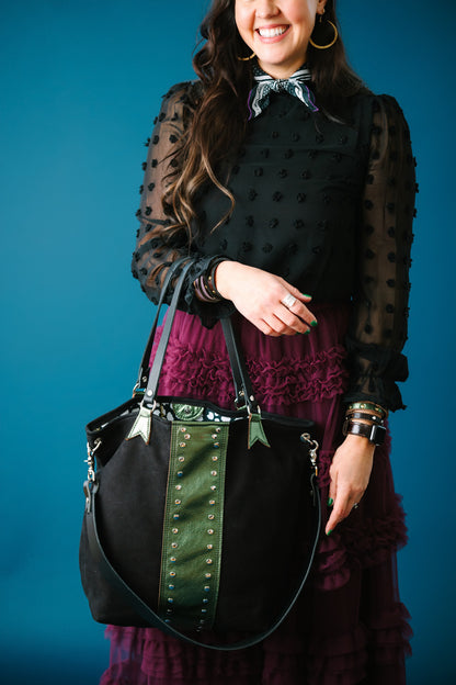 Midnight in Paris Collection | Lexington Shoulder Tote | Noir Suede + Emerald