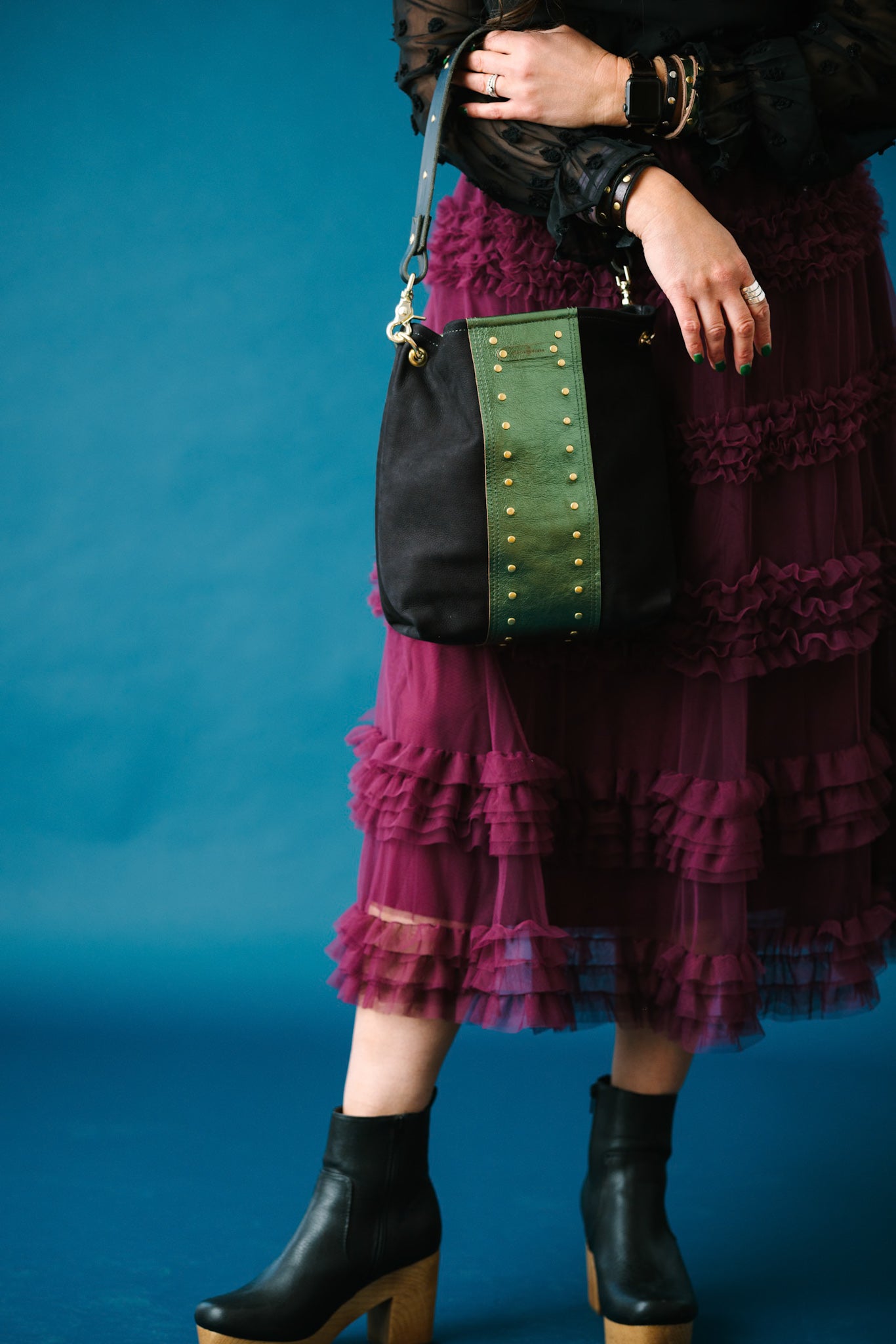 Midnight in Paris Collection | Tivoli Shoulder Tote | Noir Suede + Emerald