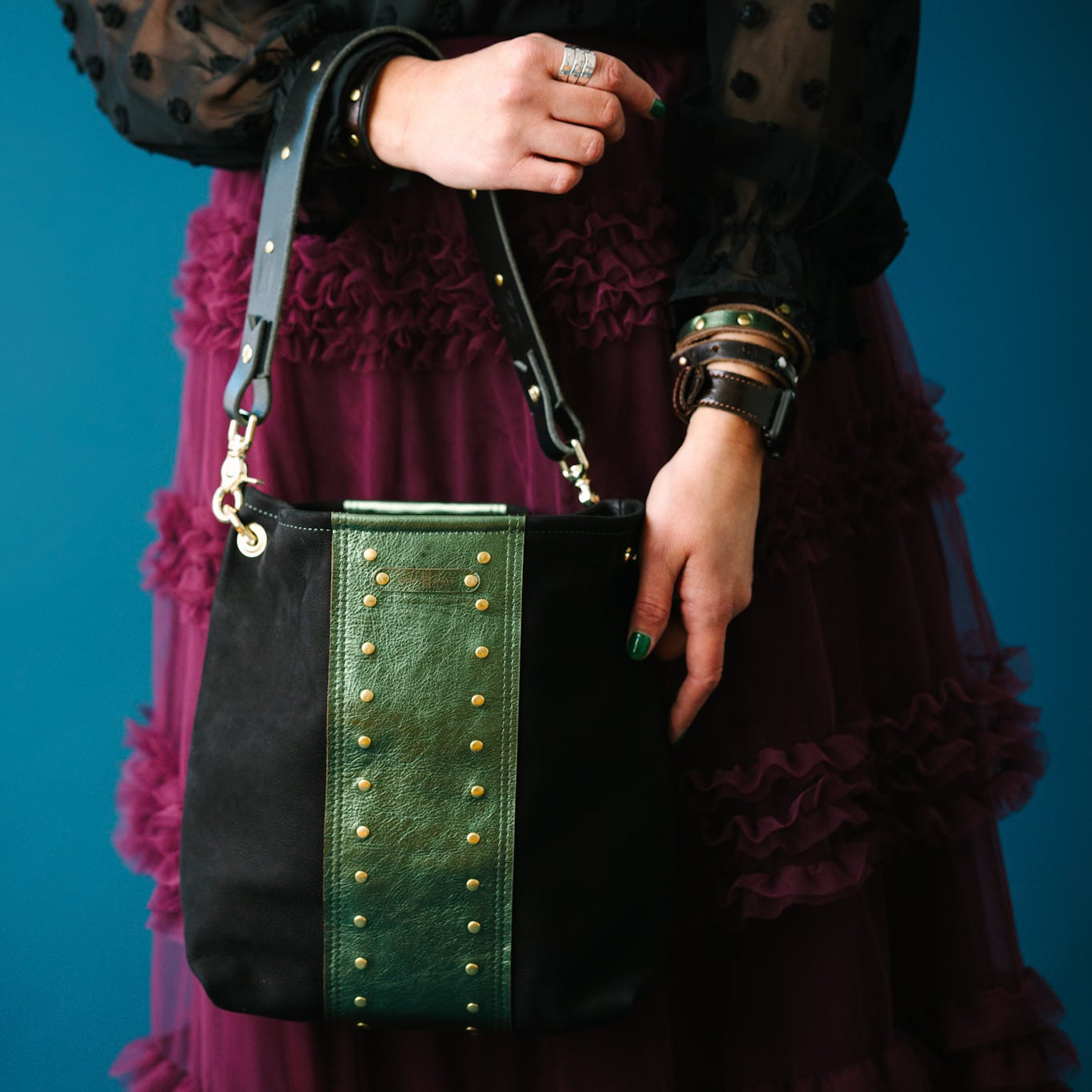 Midnight in Paris Collection | Tivoli Shoulder Tote | Noir Suede + Emerald
