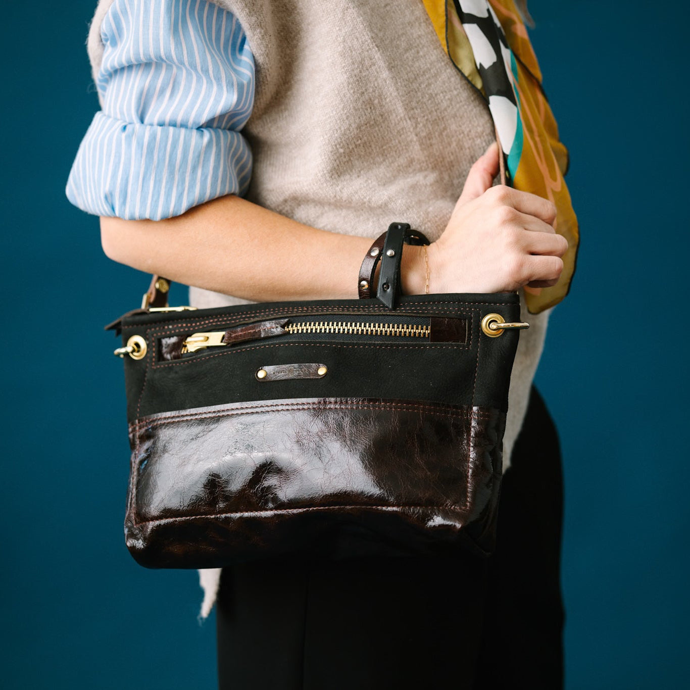 Midnight in Paris Collection | Sophie Crossbody | Noir Suede + Chocolate Truffle