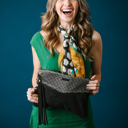 Midnight in Paris Collection | Jackie Clutch | Houndstooth Hair-on-Hide + Noir Suede