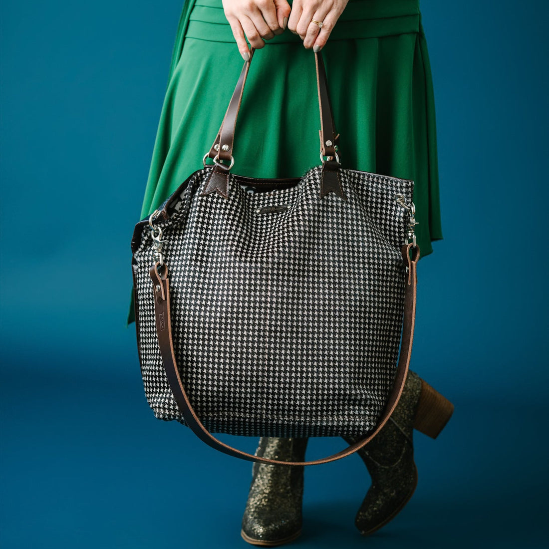 Midnight in Paris Collection | Lexington Shoulder Tote | Houndstooth Hair-on-Hide + Chocolate Truffle