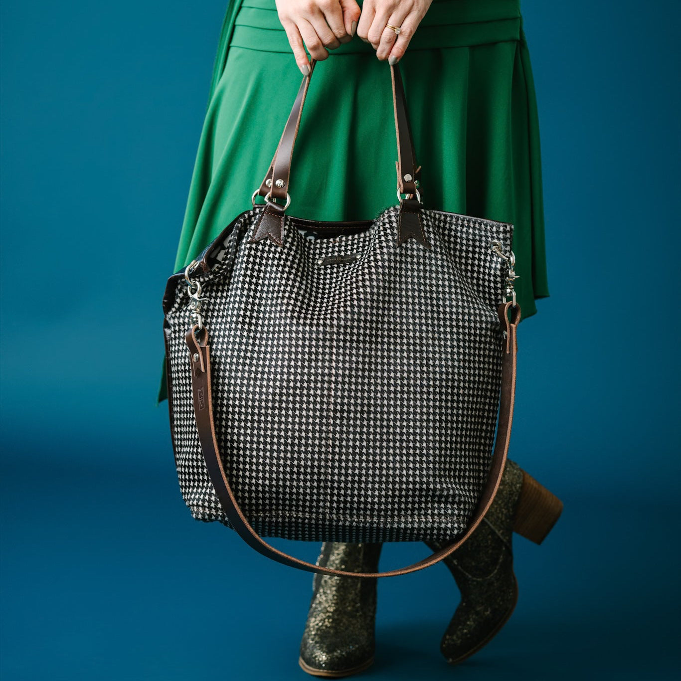 Midnight in Paris Collection | Lexington Shoulder Tote | Houndstooth Hair-on-Hide + Chocolate Truffle