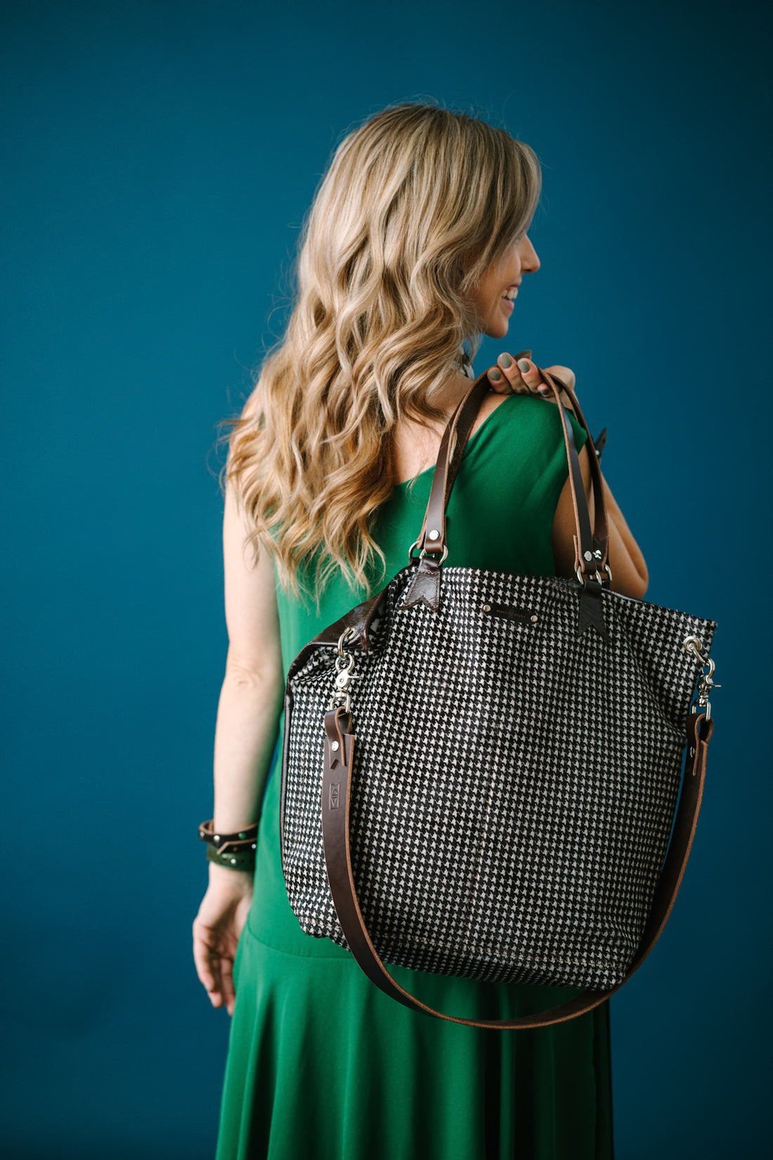 Midnight in Paris Collection | Lexington Shoulder Tote | Houndstooth Hair-on-Hide + Chocolate Truffle