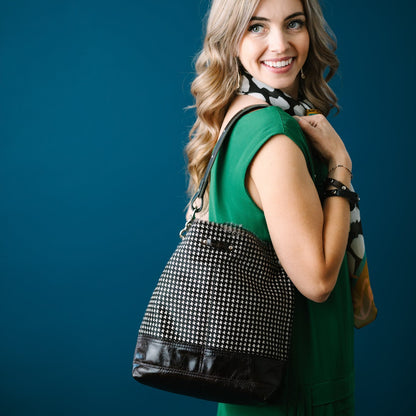Midnight in Paris Collection | Tivoli Shoulder Tote | Houndstooth Hair-on-Hide + Chocolate Truffle
