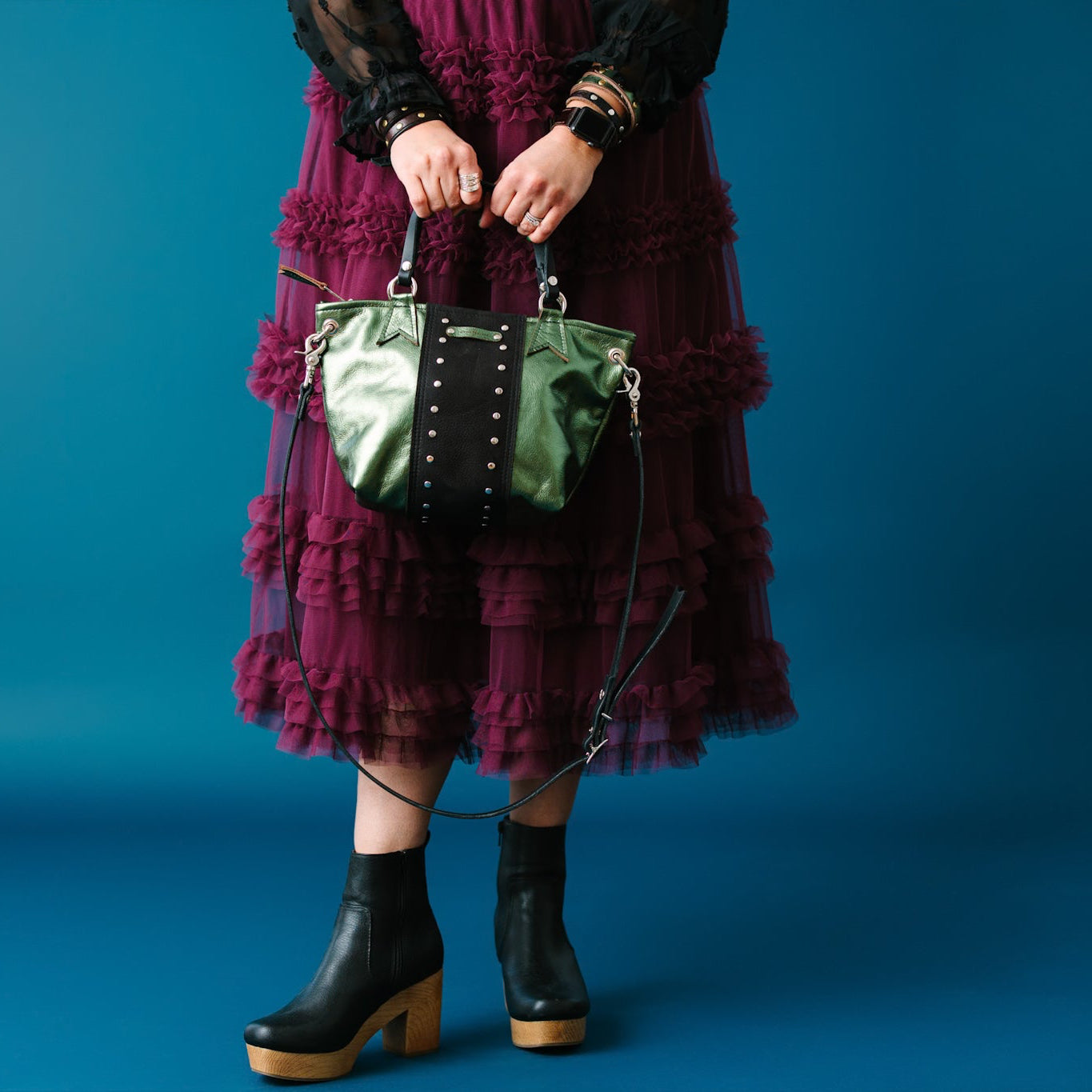 Midnight in Paris Collection | Coco Satchel + Crossbody | Emerald + Noir Suede