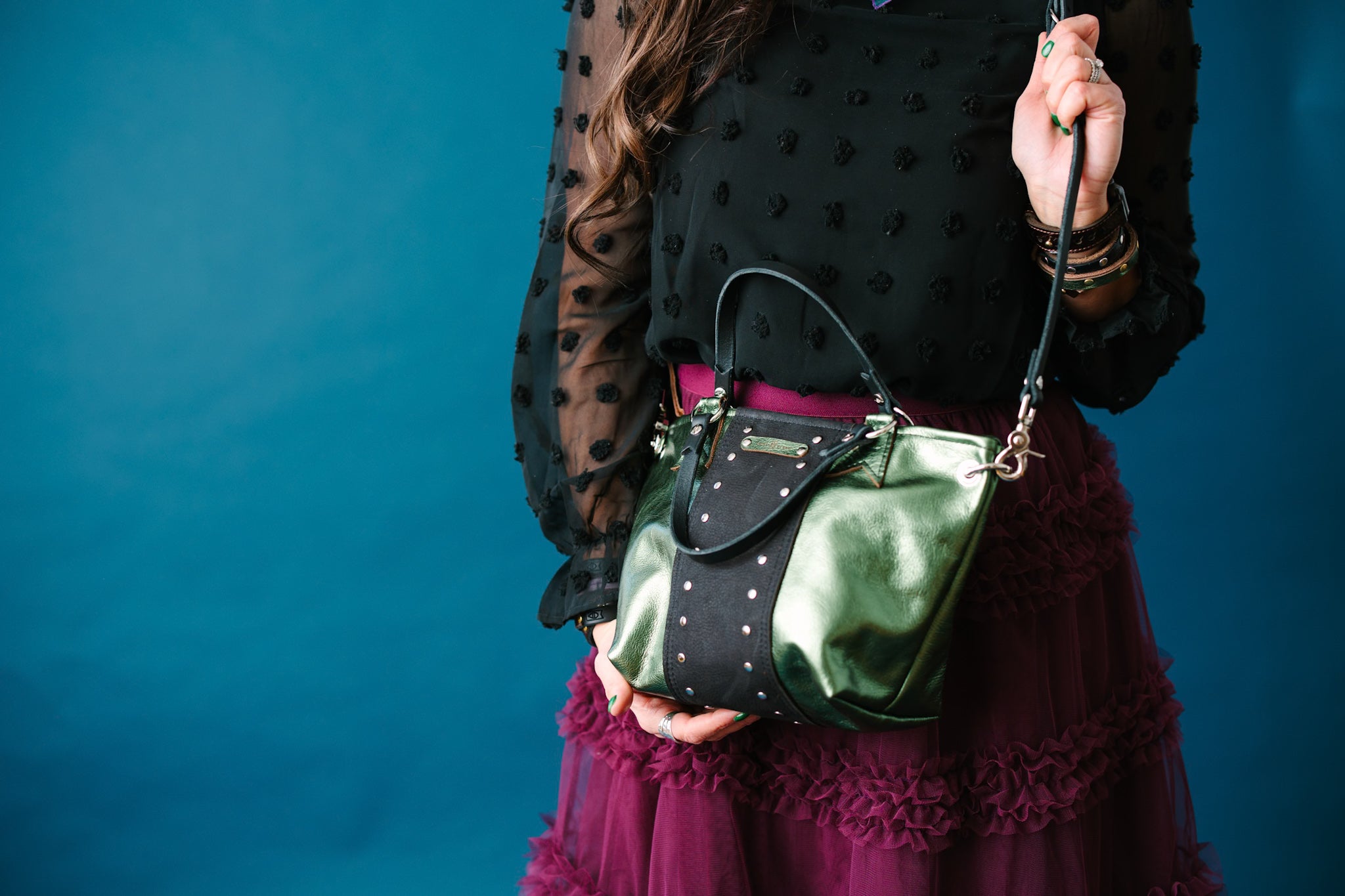 Midnight in Paris Collection | Coco Satchel + Crossbody | Emerald + Noir Suede