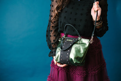 Midnight in Paris Collection | Coco Satchel + Crossbody | Emerald + Noir Suede
