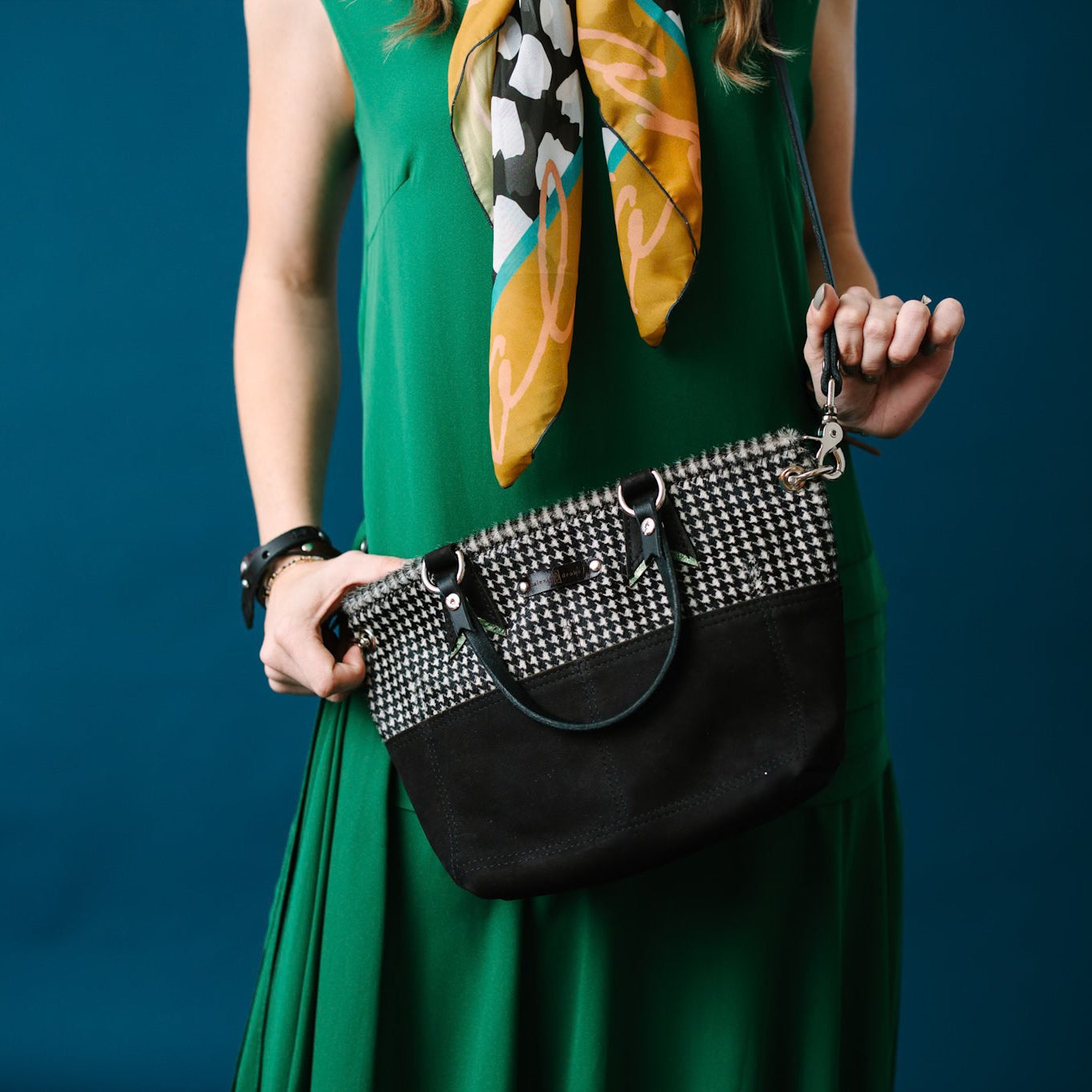 Midnight in Paris Collection | Coco Satchel + Crossbody | Houndstooth Hair-on-Hide + Noir Suede
