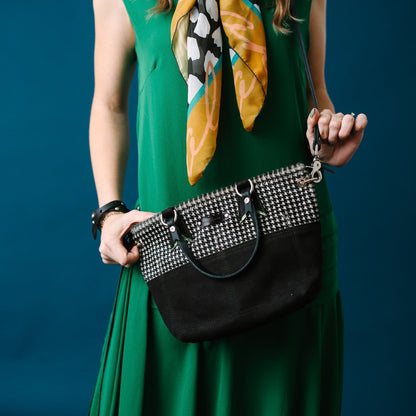 Midnight in Paris Collection | Coco Satchel + Crossbody | Houndstooth Hair-on-Hide + Noir Suede