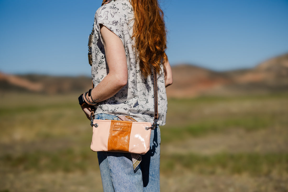Vintage Cowgirl Collection | Belt Bag Clutch + Crossbody | Pink Patent + Golden Rose Embossed