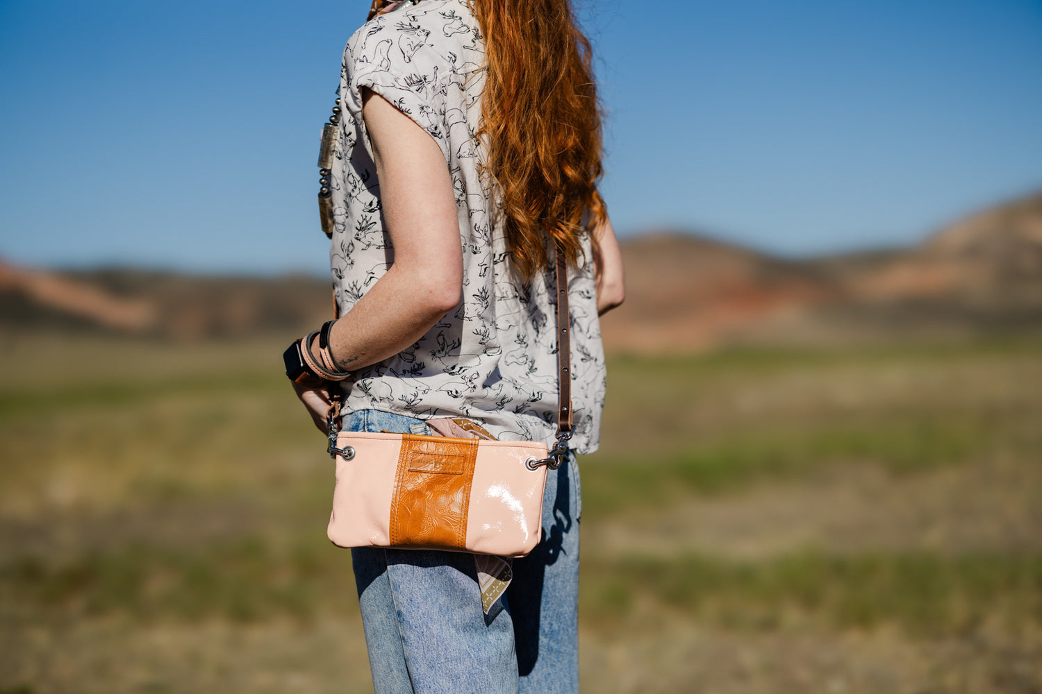 Vintage Cowgirl Collection | Belt Bag Clutch + Crossbody | Pink Patent + Golden Rose Embossed