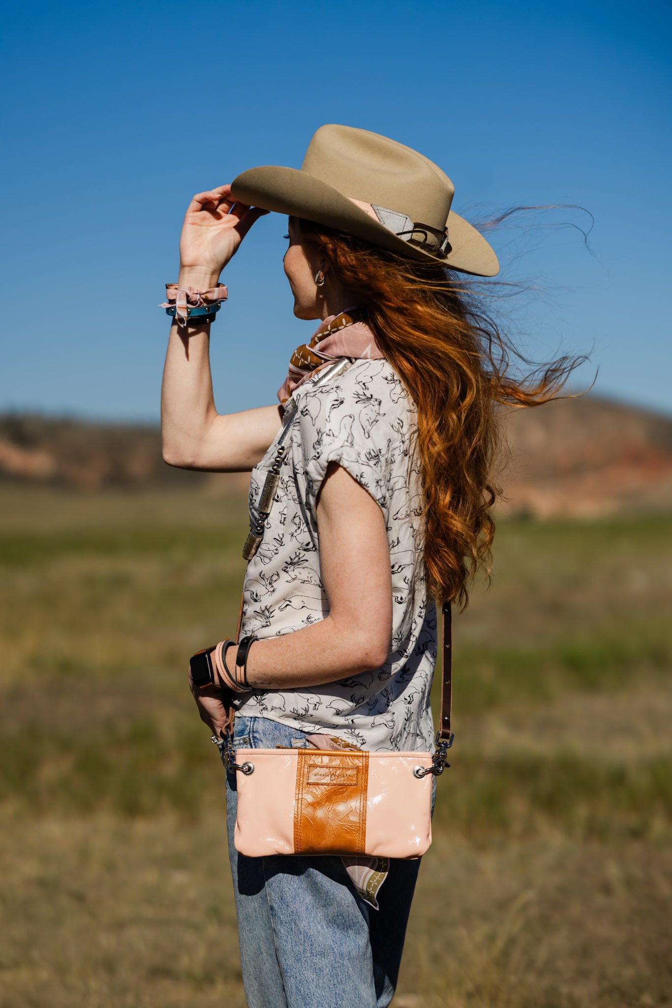 Vintage Cowgirl Collection | Belt Bag Clutch + Crossbody | Pink Patent + Golden Rose Embossed