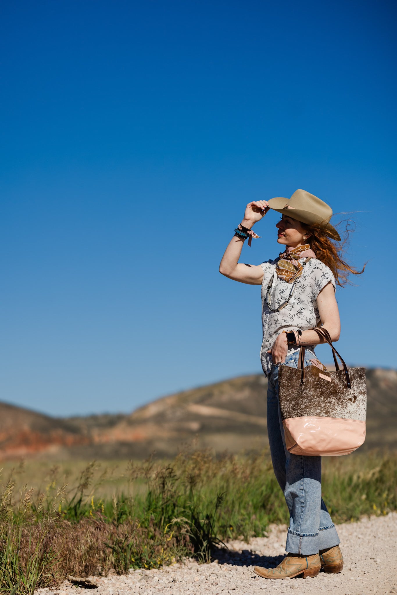 Vintage Cowgirl Collection | Market Tote | Brown + White Hair-on-Hide + Pink Patent
