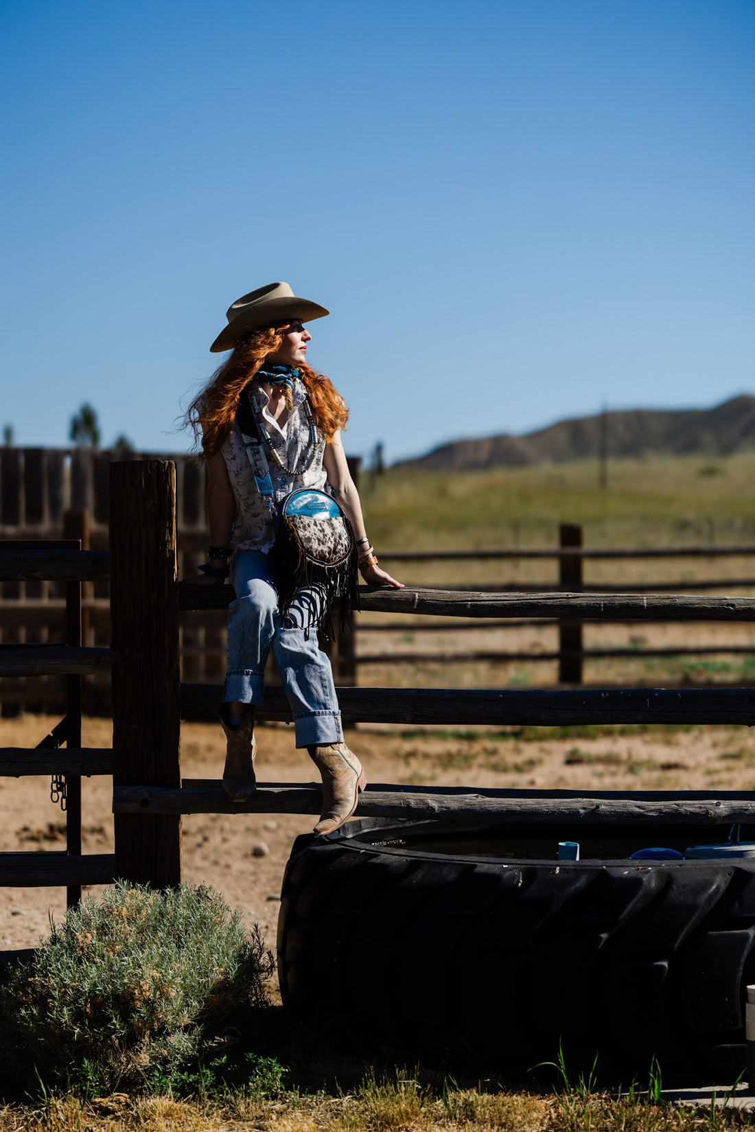 Vintage Cowgirl Collection | Flicka Crossbody | Denim + Brown + White Hair-on-Hide