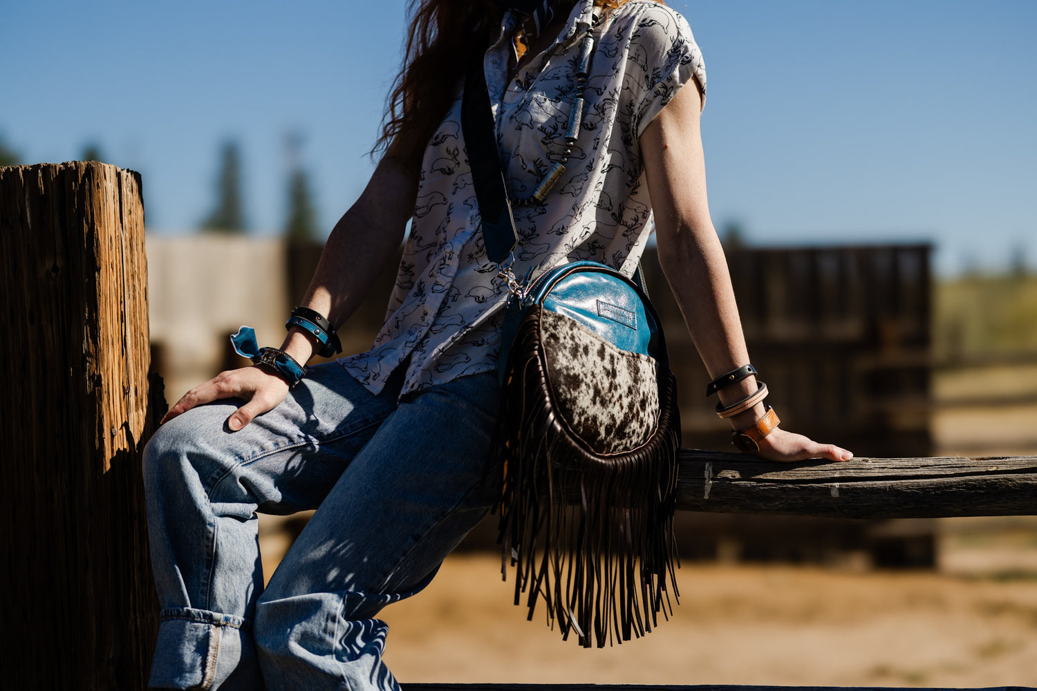 Vintage Cowgirl Collection | Flicka Crossbody | Denim + Brown + White Hair-on-Hide
