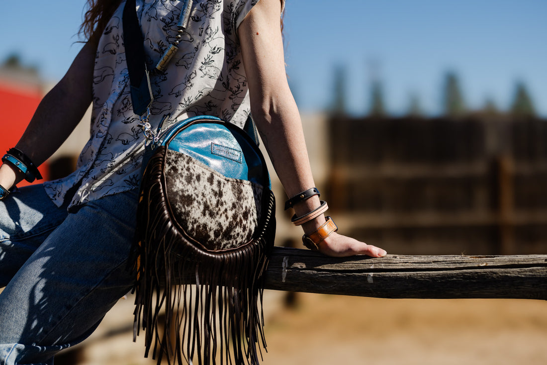 Vintage Cowgirl Collection | Flicka Crossbody | Denim + Brown + White Hair-on-Hide