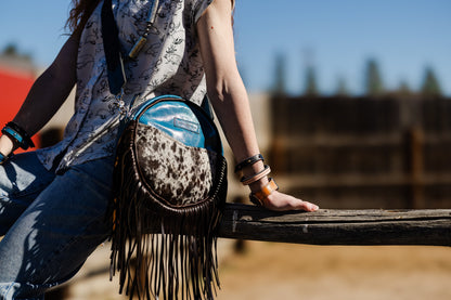 Vintage Cowgirl Collection | Flicka Crossbody | Denim + Brown + White Hair-on-Hide
