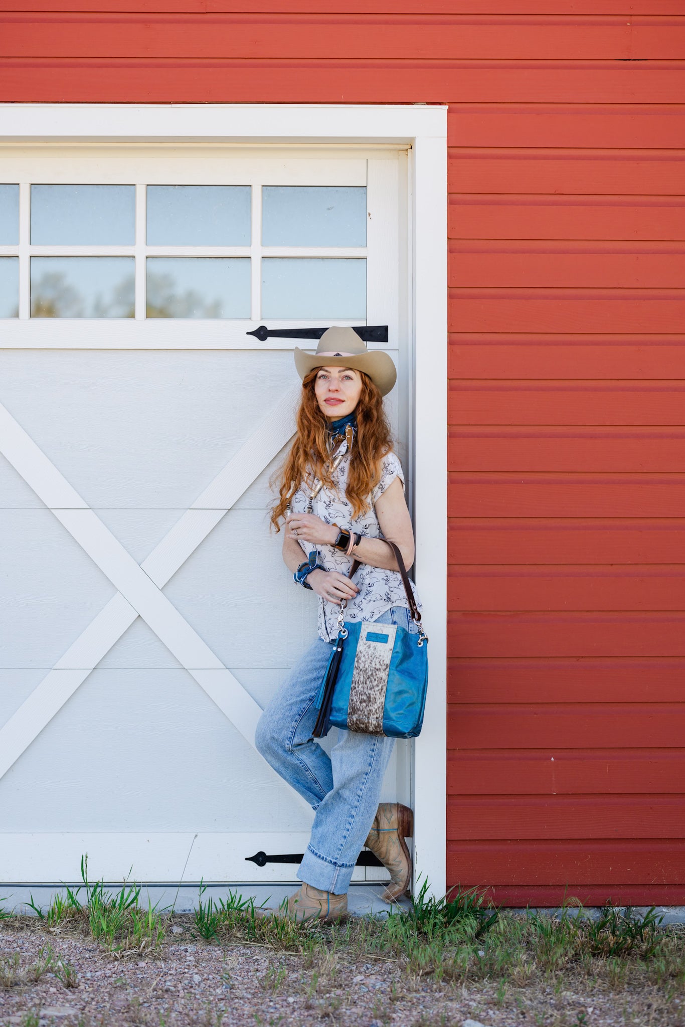 Vintage Cowgirl Collection | Tivoli Shoulder Tote | Denim + Brown + White Hair-on-Hide