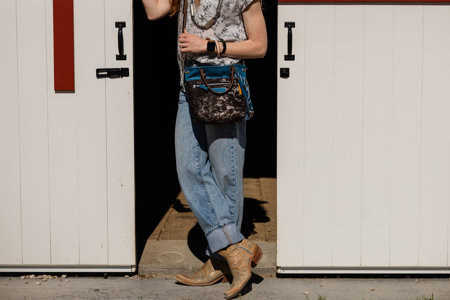 Vintage Cowgirl Collection | Amika Satchel + Crossbody | Denim + Brown + White Hair-on-Hide