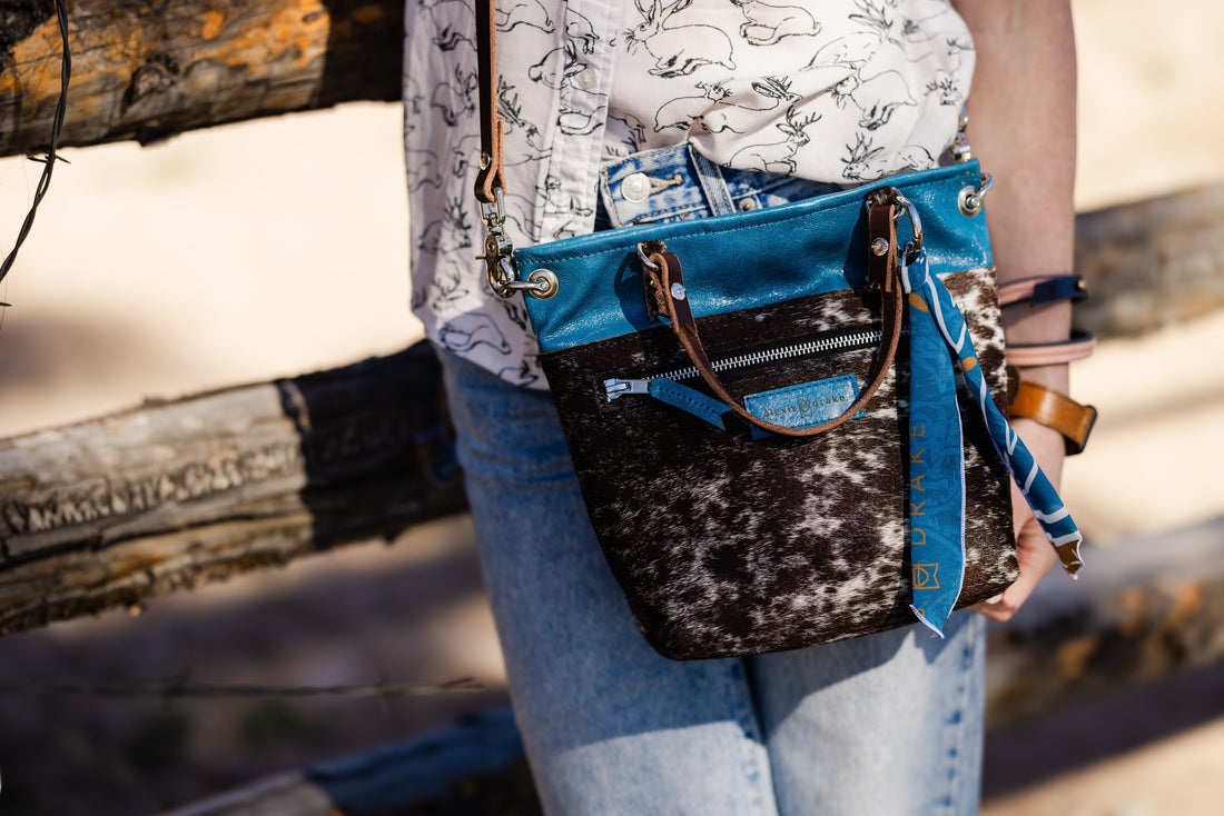 Vintage Cowgirl Collection | Amika Satchel + Crossbody | Denim + Brown + White Hair-on-Hide