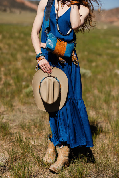 Vintage Cowgirl Collection | Penelope Crossbody | Denim + Golden Rose Embossed