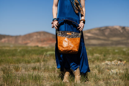 Vintage Cowgirl Collection | Tivoli Shoulder Tote | Brown + White Hair-on-Hide + Golden Rose Embossed