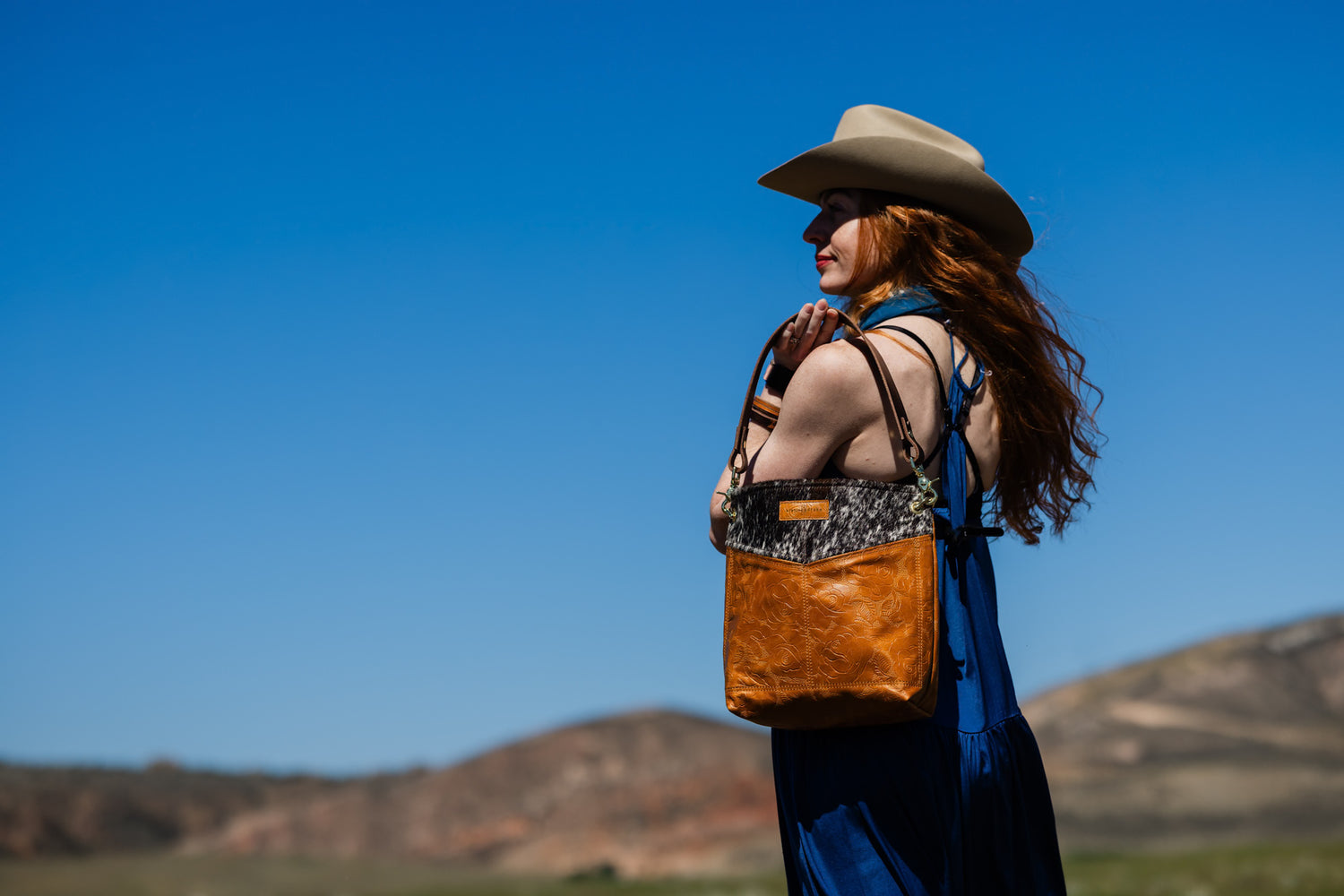 Vintage Cowgirl Collection | Tivoli Shoulder Tote | Brown + White Hair-on-Hide + Golden Rose Embossed