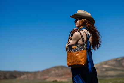 Vintage Cowgirl Collection | Tivoli Shoulder Tote | Brown + White Hair-on-Hide + Golden Rose Embossed