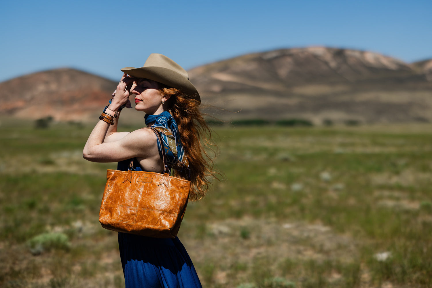 Vintage Cowgirl Collection | Nellie Satchel + Crossbody | Golden Rose Embossed + Denim