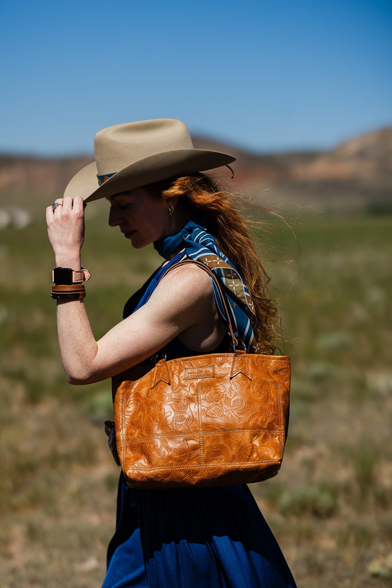 Vintage Cowgirl Collection | Nellie Satchel + Crossbody | Golden Rose Embossed + Denim