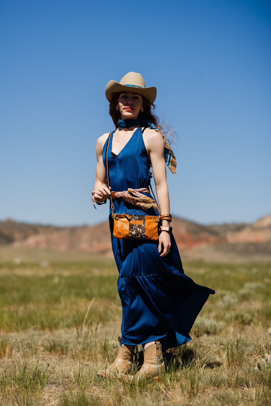 Vintage Cowgirl Collection | Belt Bag Clutch + Crossbody | Golden Rose Embossed + Brown + White Hair-on-Hide