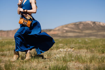 Vintage Cowgirl Collection | Belt Bag Clutch + Crossbody | Golden Rose Embossed + Brown + White Hair-on-Hide