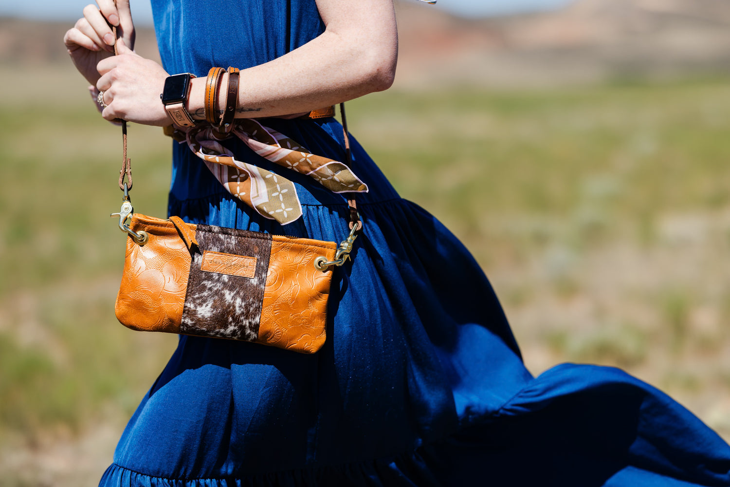 Vintage Cowgirl Collection | Belt Bag Clutch + Crossbody | Golden Rose Embossed + Brown + White Hair-on-Hide
