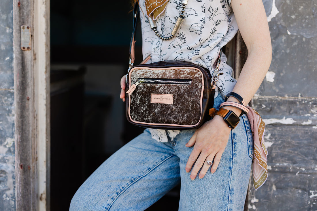 Vintage Cowgirl Collection | Maeve Crossbody | Brown + White Hair-on-Hide + Pink Patent
