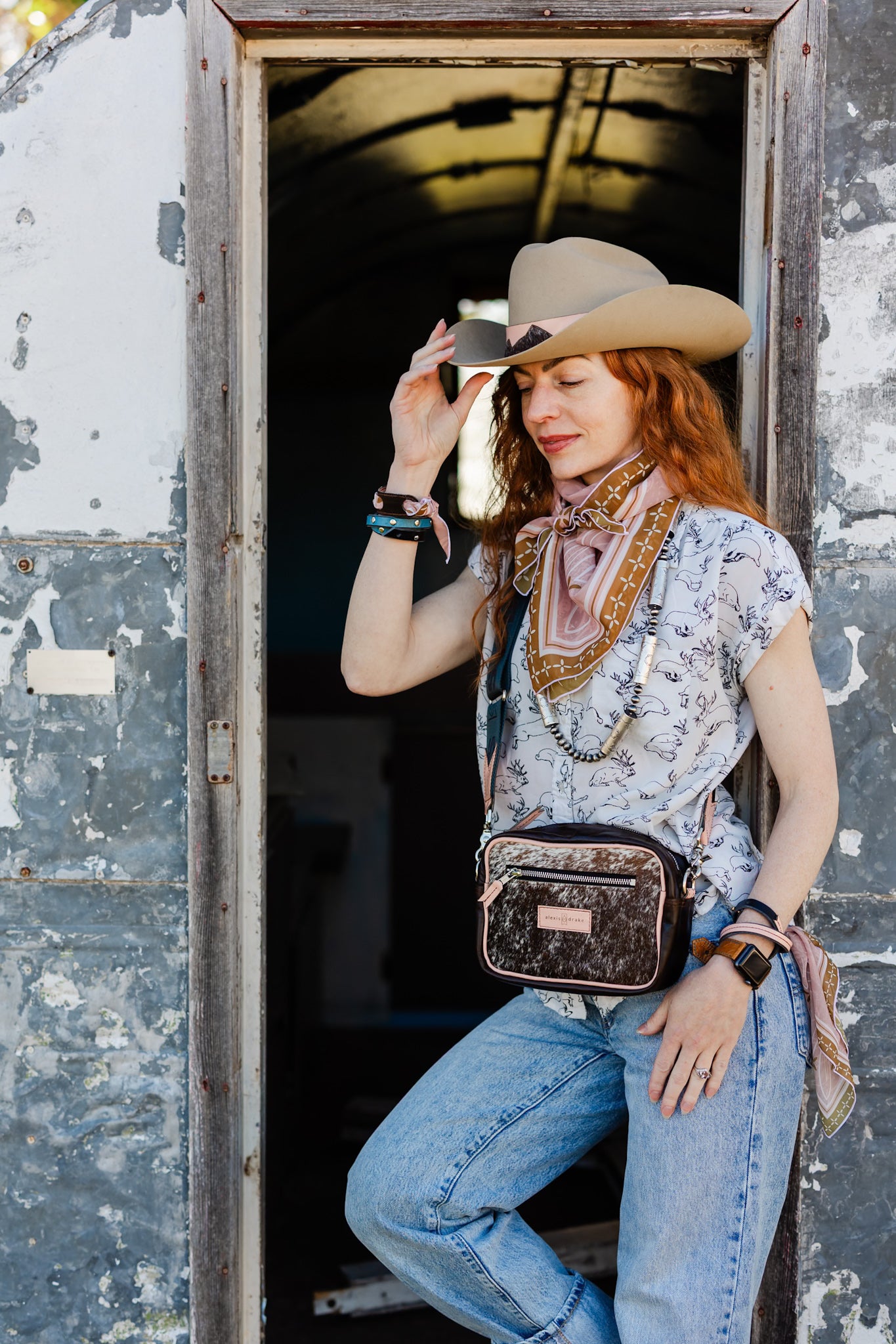 Vintage Cowgirl Collection | Maeve Crossbody | Brown + White Hair-on-Hide + Pink Patent