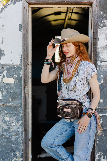 Vintage Cowgirl Collection | Maeve Crossbody | Brown + White Hair-on-Hide + Pink Patent