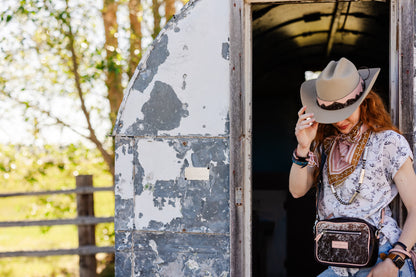 Vintage Cowgirl Collection | Maeve Crossbody | Brown + White Hair-on-Hide + Pink Patent