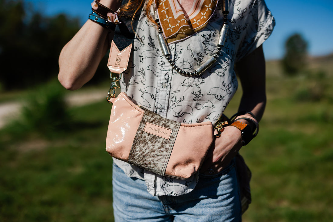 Vintage Cowgirl Collection | Penelope Crossbody | Pink Patent + Brown + White Hair-on-Hide