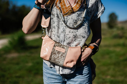 Vintage Cowgirl Collection | Penelope Crossbody | Pink Patent + Brown + White Hair-on-Hide