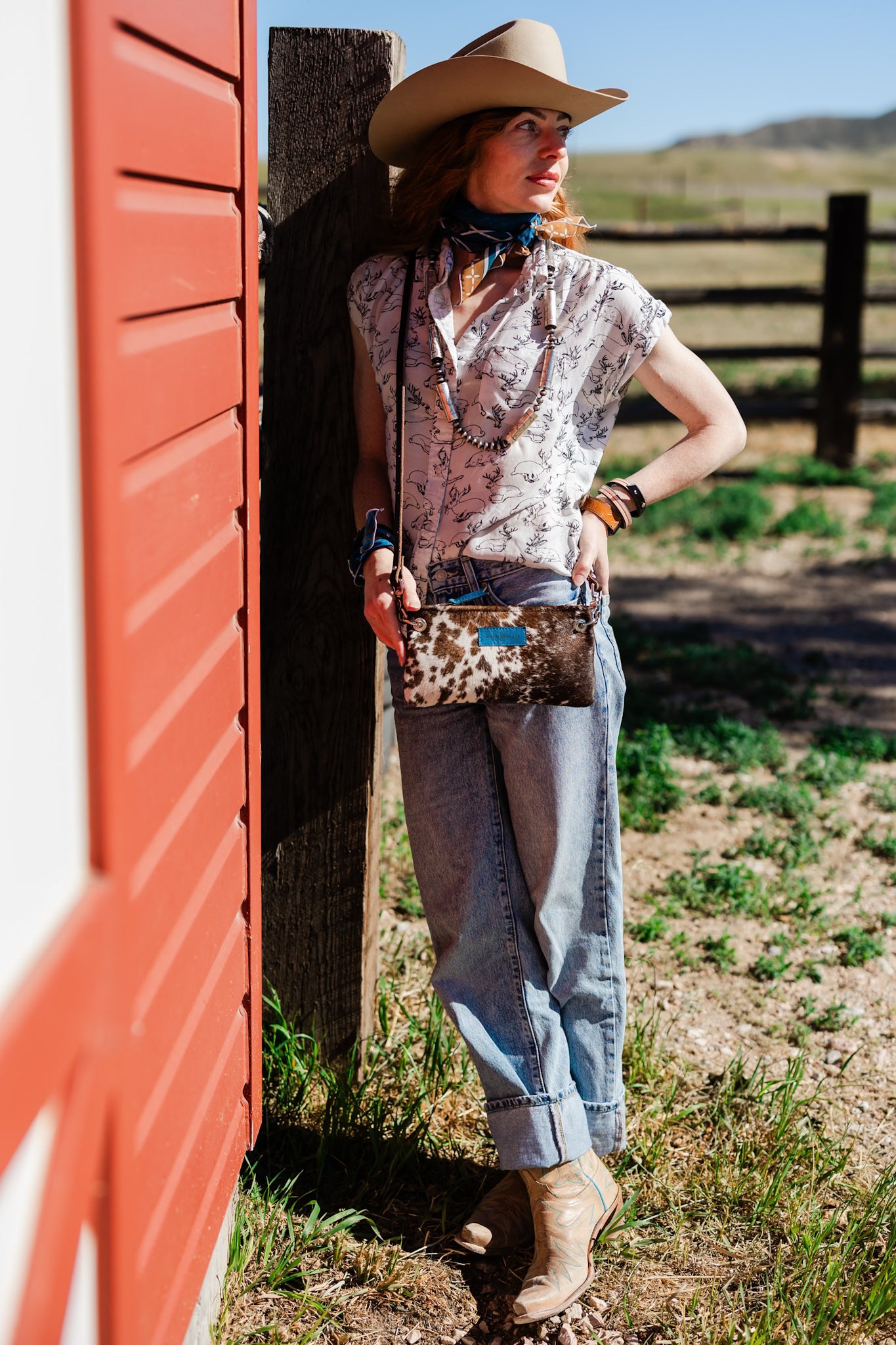 Vintage Cowgirl Collection | Belt Bag Clutch + Crossbody | Brown + White Hair-on-Hide + Denim