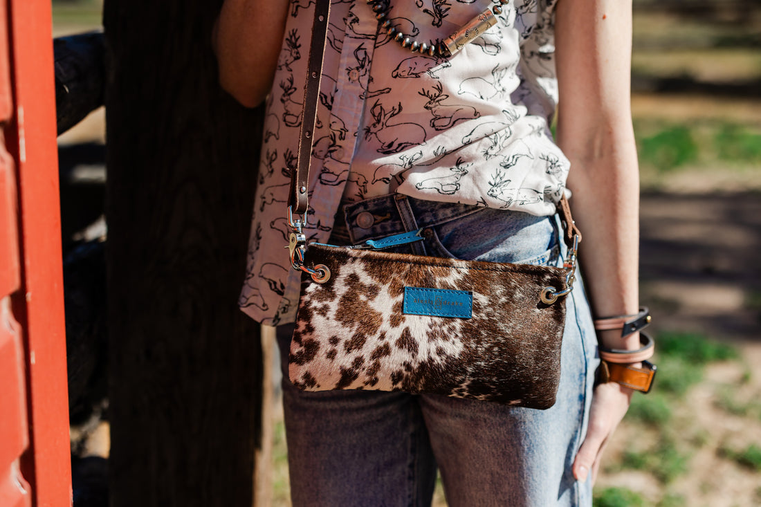Vintage Cowgirl Collection | Belt Bag Clutch + Crossbody | Brown + White Hair-on-Hide + Denim