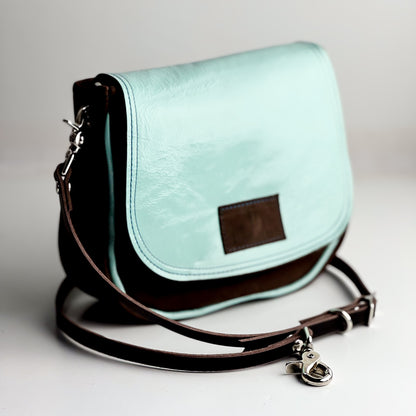 Autumn Reverie Collection | Mini E Crossbody | Mocha Suede + Ice Box Blue