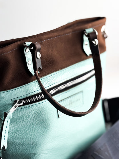 Autumn Reverie Collection | Amika Satchel + Crossbody | Mocha Suede + Ice Box Blue