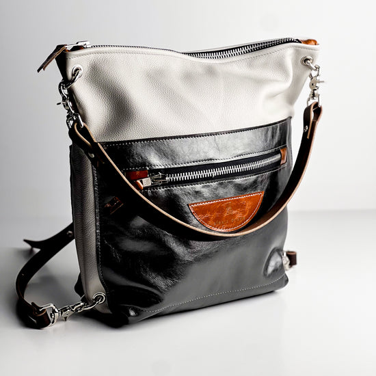 Fall Collection | Backpack Shoulder Tote | Khaki Pebble + Metallic Steel