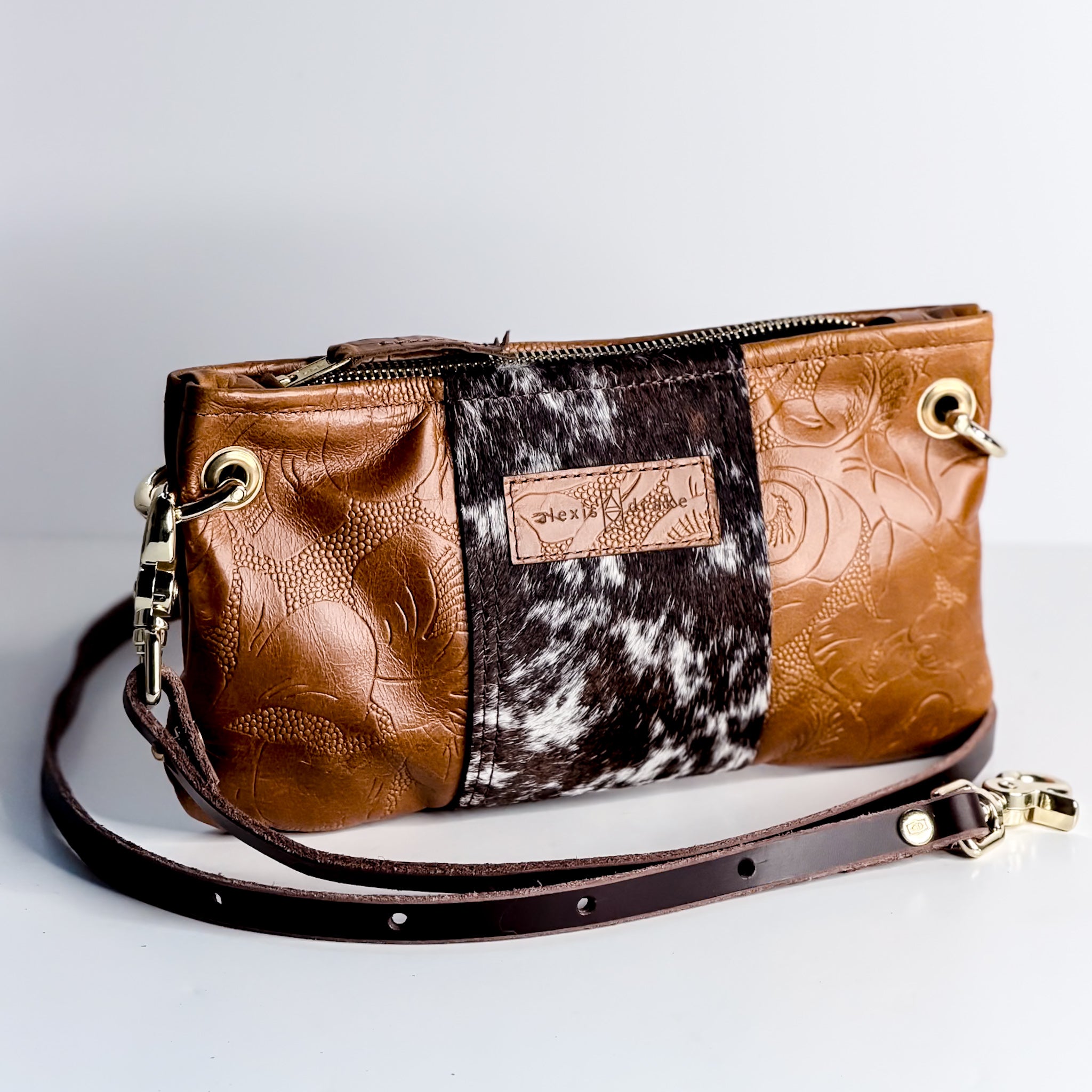 Vintage Cowgirl Collection | Belt Bag Clutch + Crossbody | Golden Rose Embossed + Brown + White Hair-on-Hide