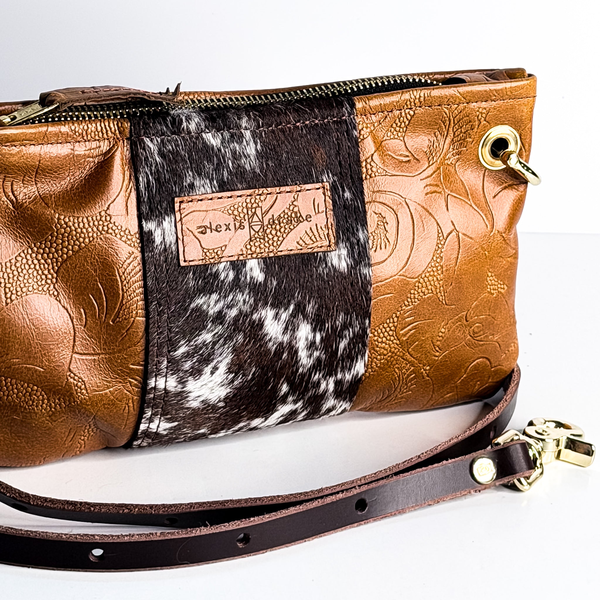 Vintage Cowgirl Collection | Belt Bag Clutch + Crossbody | Golden Rose Embossed + Brown + White Hair-on-Hide