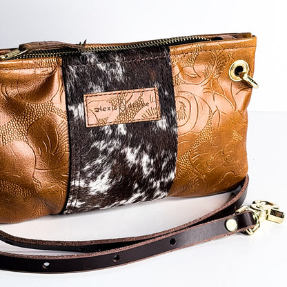 Vintage Cowgirl Collection | Belt Bag Clutch + Crossbody | Golden Rose Embossed + Brown + White Hair-on-Hide