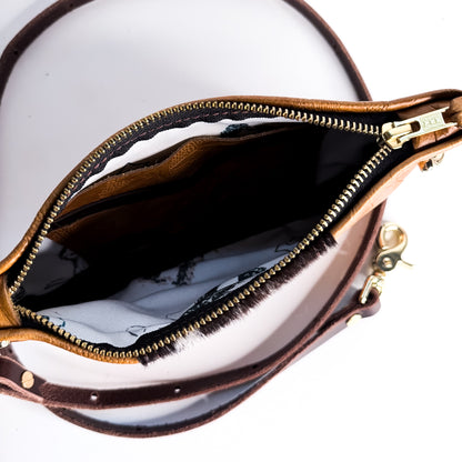 Vintage Cowgirl Collection | Belt Bag Clutch + Crossbody | Golden Rose Embossed + Brown + White Hair-on-Hide